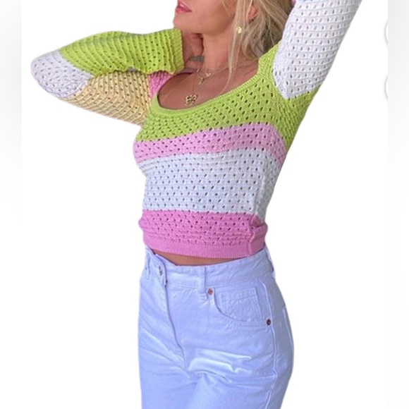 FOCUSNORM Colorblock Sweater Hollow Long Sleeve U-shaped Neck Knit Pullover - Picture 4 of 13